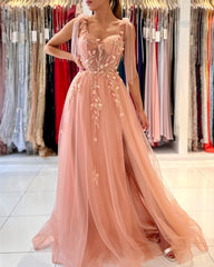 Long A-line Spaghetti Straps Tulle Prom Dress with Slit
