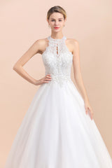 Long A-line Halter Tulle Lace Appliques Sleeveless Wedding Dresses