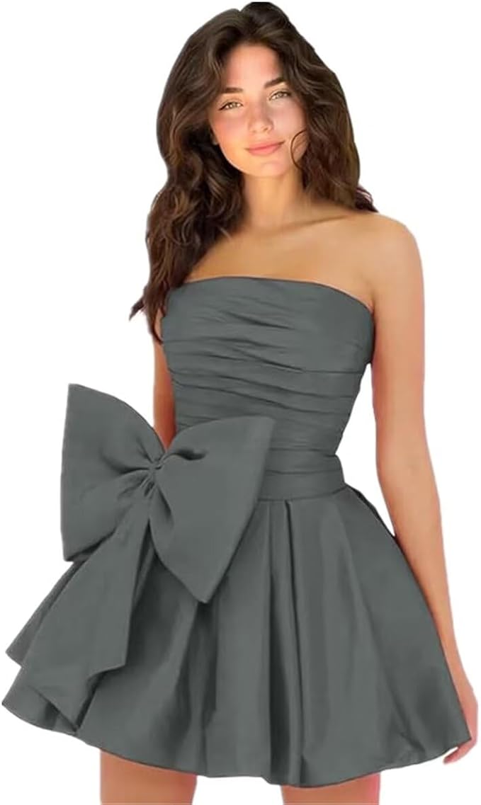 Simple Short A-line Strapless Sleeveless Ruffle Satin Homecoming Dress