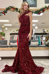 Sparkle Burgundy One Shoulder Mermaid Sequined Long Prom Dress