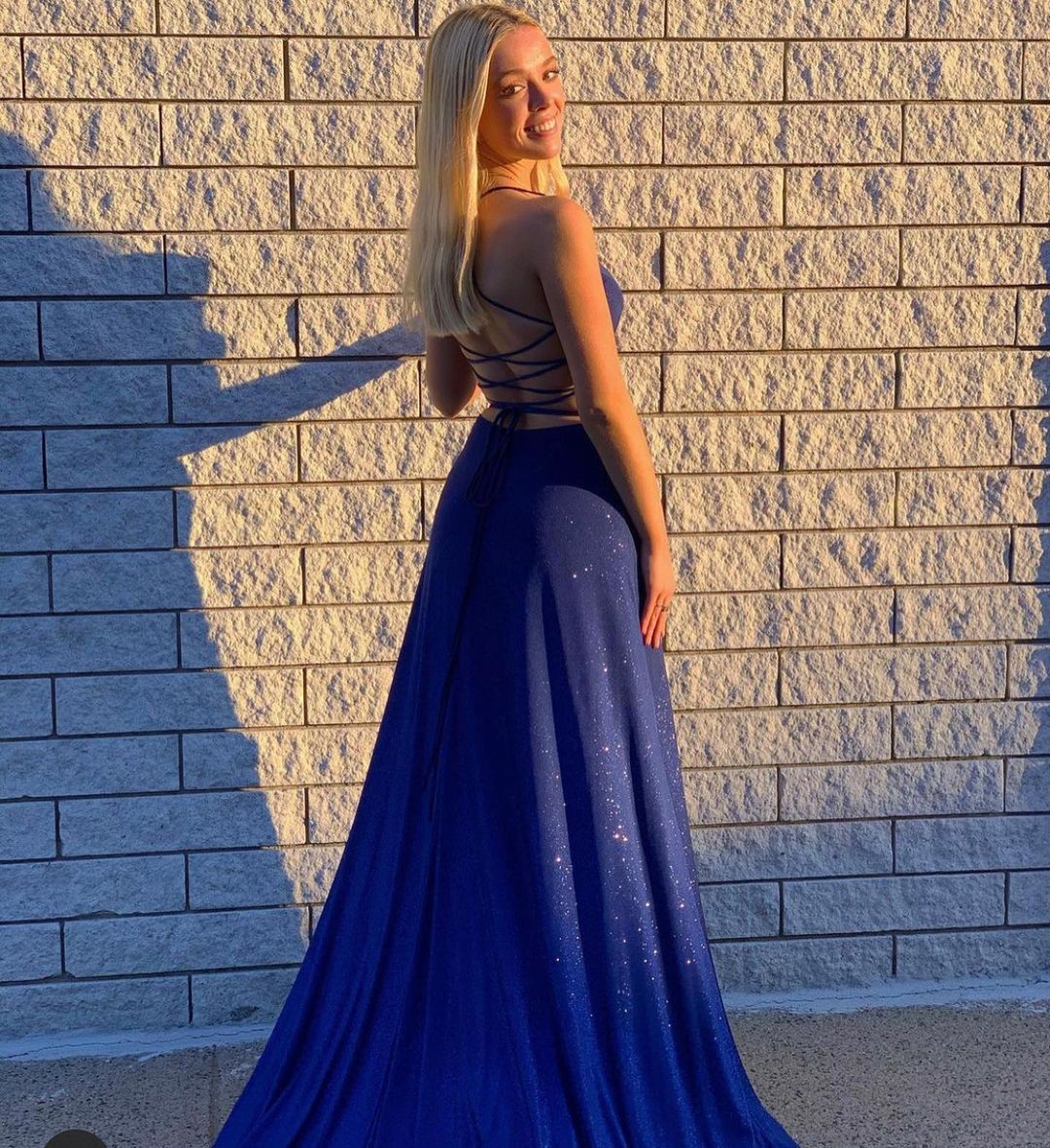 Elegant A-line V-neck Spaghetti Straps Backless Sequins Ruffles Prom Dress