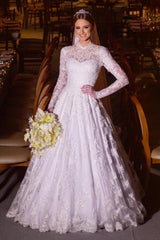 Elegant Long Sleeves A-line High Neck Floral Lace Appliques Wedding Dresses