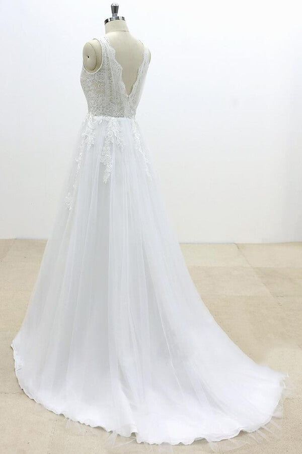Long Ruffle V-neck Appliques Tulle A-line Wedding Dress