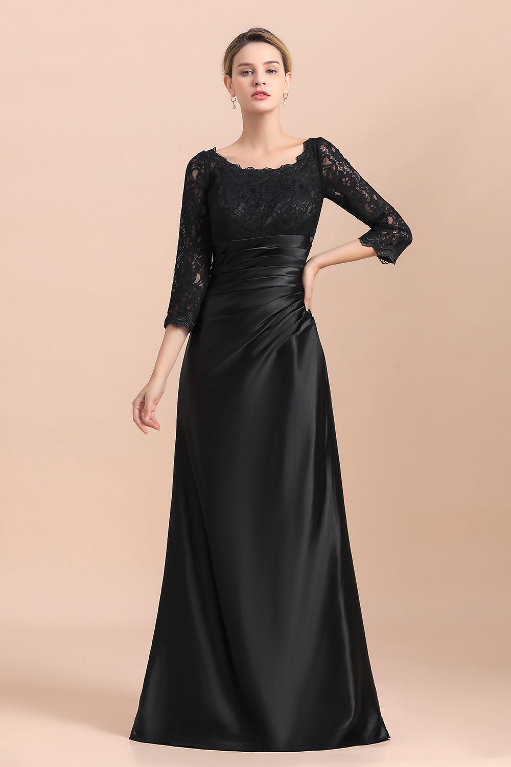 Elegant 3/4 Sleeves Black Satin Lace Ruffles Evening Dresses