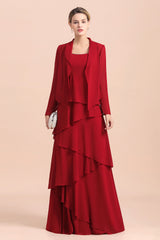 Elegant Burgundy Ruffles Chiffon Mother of the Bride Dress With Jacket