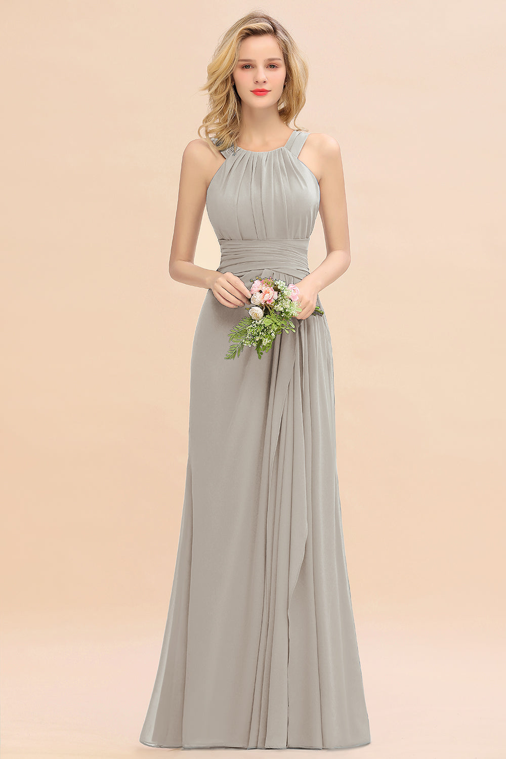Long A-line Halter Chiffon Backless Floor Length Bridesmaid Dresses