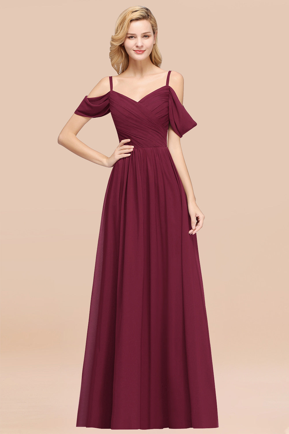 A-Line Chiffon V-Neck Spaghetti Straps Short Sleeves Floor Length Bridesmaid Dresses with Ruffles