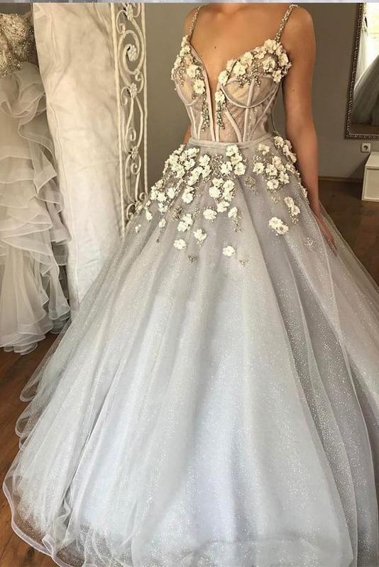 Sexy Long Straps Ball Gown Appliqued Deep V-neck Wedding Dress