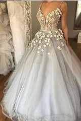 Sexy Long Straps Ball Gown Appliqued Deep V-neck Wedding Dress