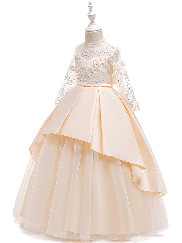 Long Ball Gown Satin Tulle Flower Girl Dresses with Sleeves