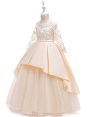 Long Ball Gown Satin Tulle Flower Girl Dresses with Sleeves