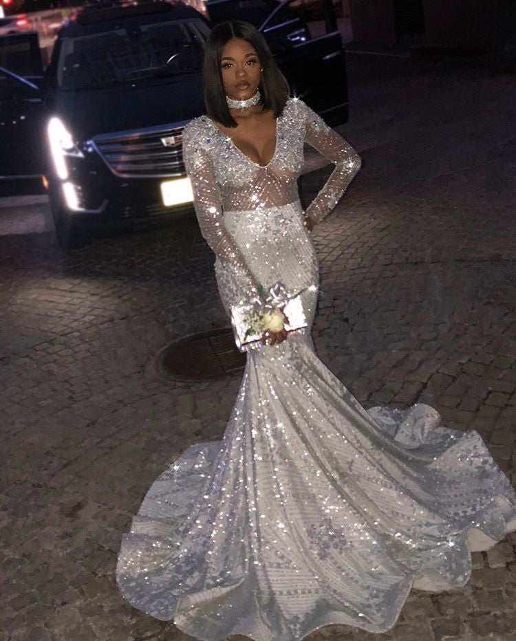 Long Sleeves V-neck Sequined Mermaid Prom Dress
