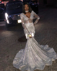Long Sleeves V-neck Sequined Mermaid Prom Dress