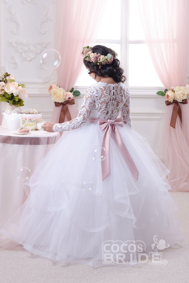 White Scoop Neck Long Sleeves Ball Gown Flower Girl Dress
