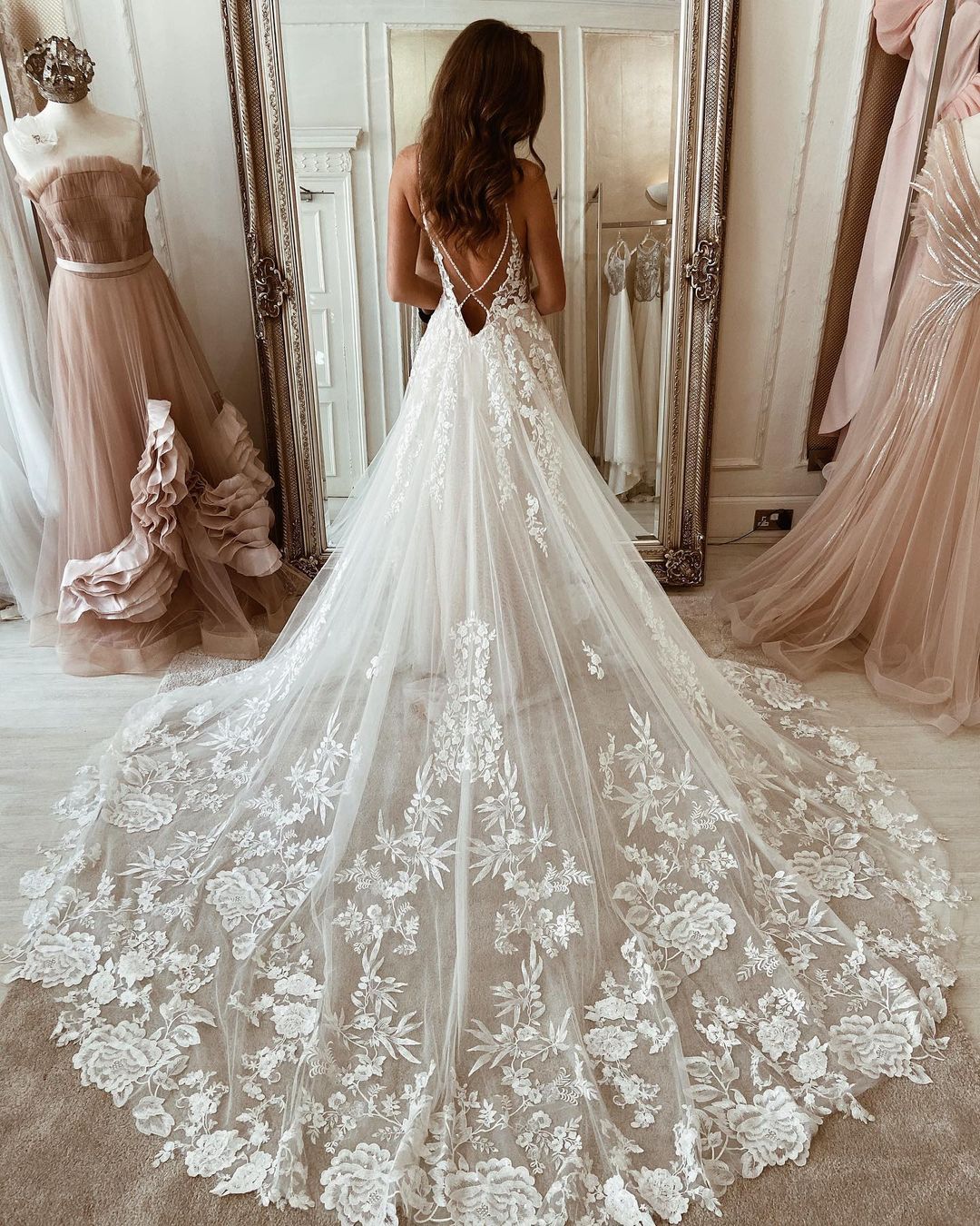 Elegant Long Spaghetti Straps V-neck Appliques Lace Backless Train A-Line Wedding Dress