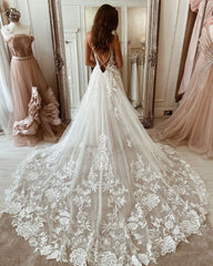 Elegant Long Spaghetti Straps V-neck Appliques Lace Backless Train A-Line Wedding Dress