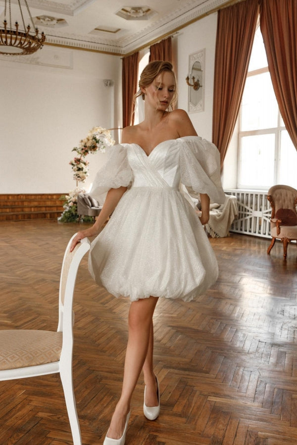 Short A-line Off the Shoulder White Tulle Knee Length Prom Dress with Sleeves