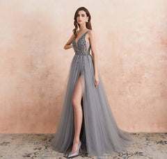 Long A-line V-neck Spaghetti Straps Beading Open Back Tulle Split Prom Dress