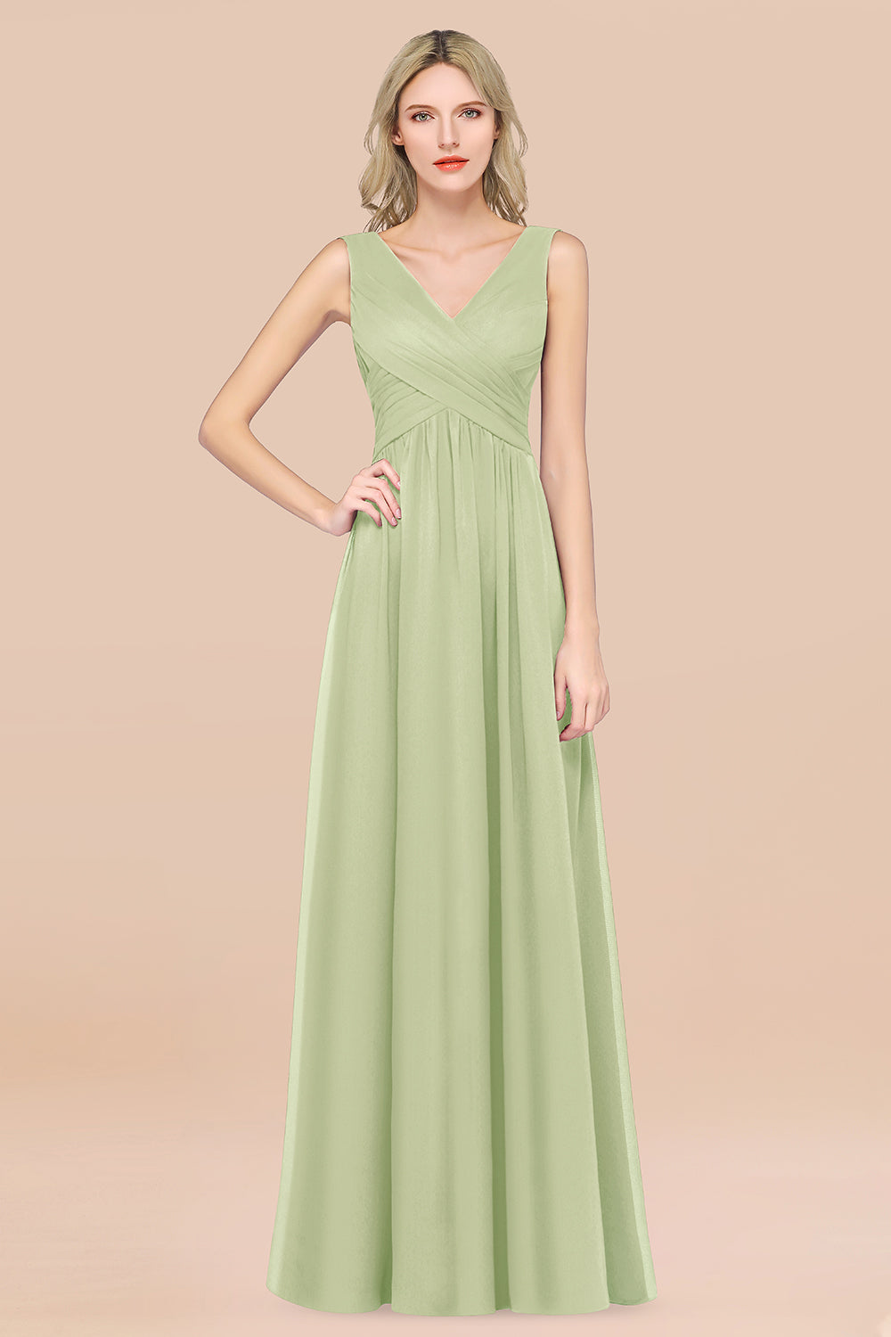 A-Line Chiffon Straps V-Neck Sleeveless Floor Length Bridesmaid Dress with Ruffles