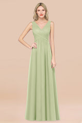 A-Line Chiffon Straps V-Neck Sleeveless Floor Length Bridesmaid Dress with Ruffles