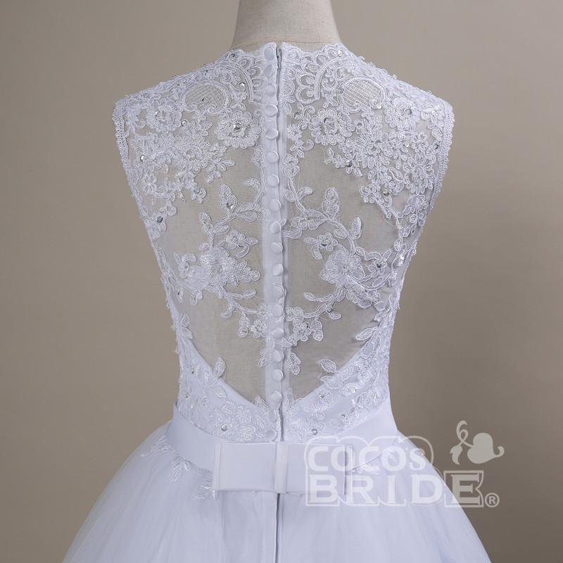 Modest White Long Lace Covered Button Ball Gown Wedding Dresses