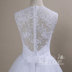 Modest White Long Lace Covered Button Ball Gown Wedding Dresses