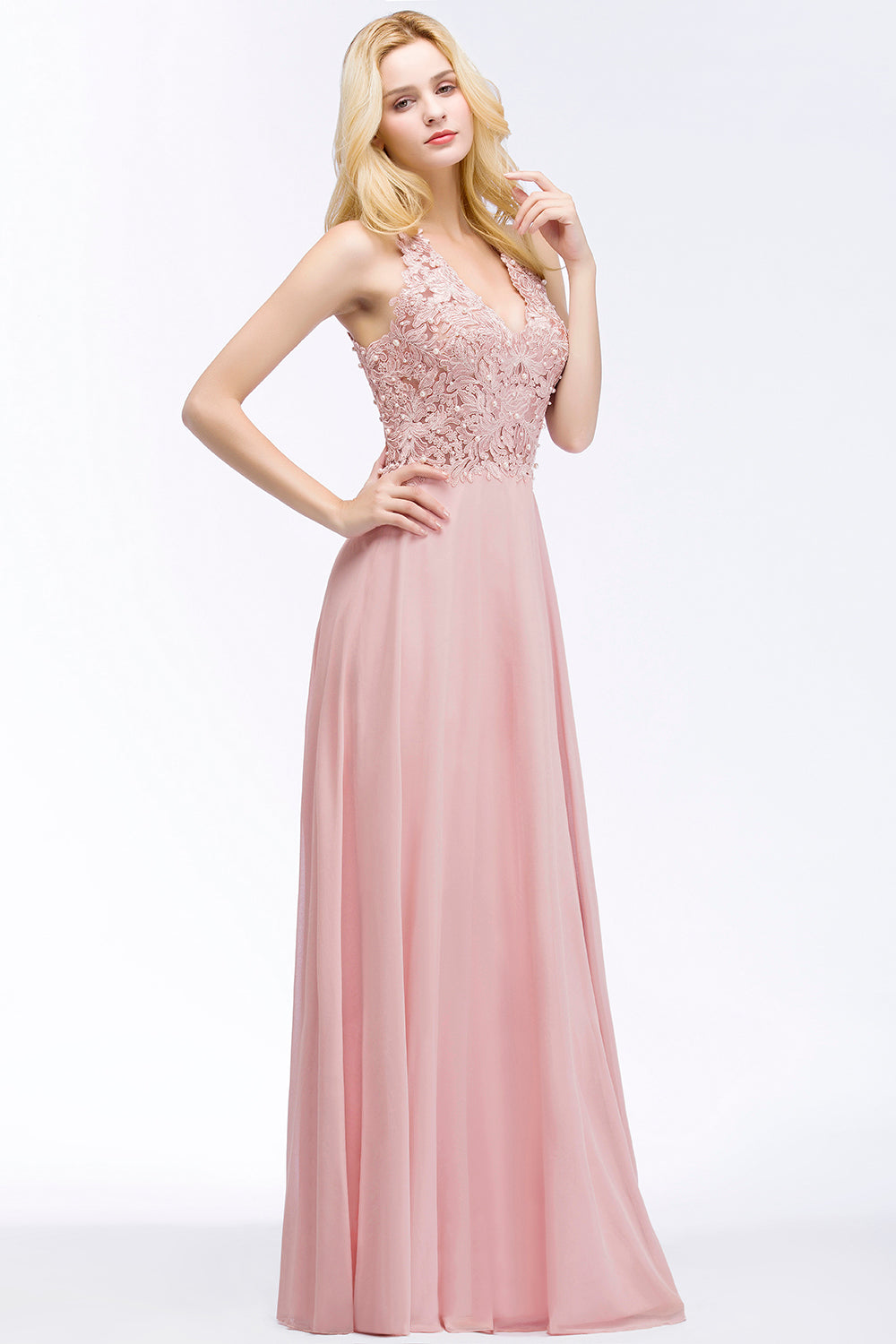 A-line V-neck Sleeveless Long Appliques Chiffon Bridesmaid Dresses