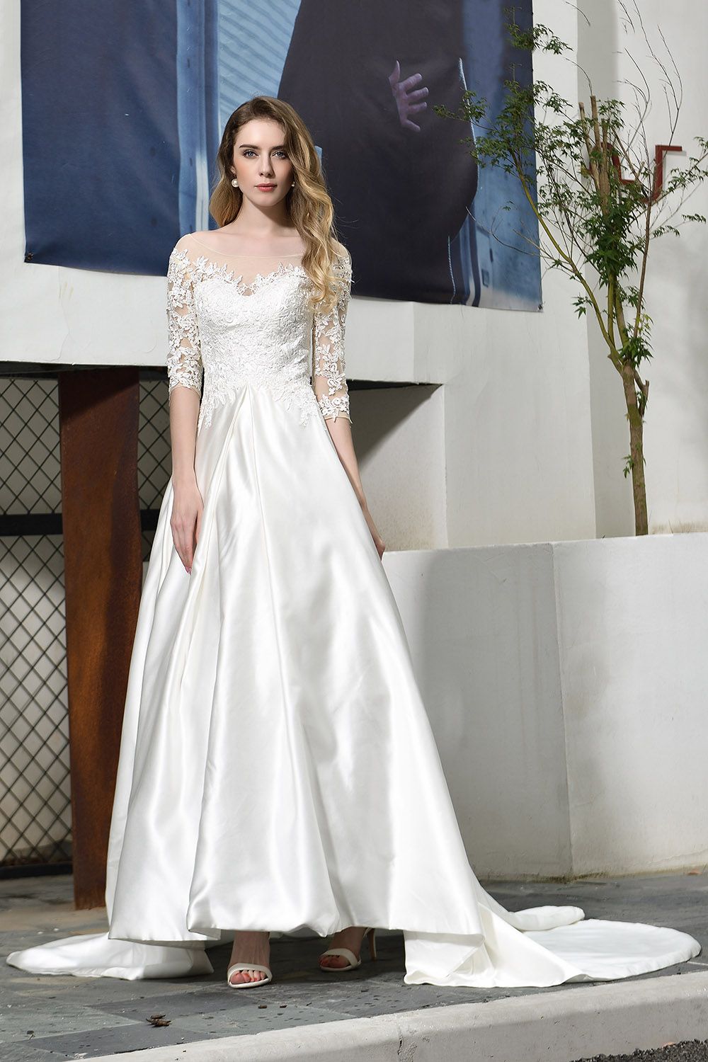 Elegant Long Lace-up A-Line Applique Satin Wedding Dress