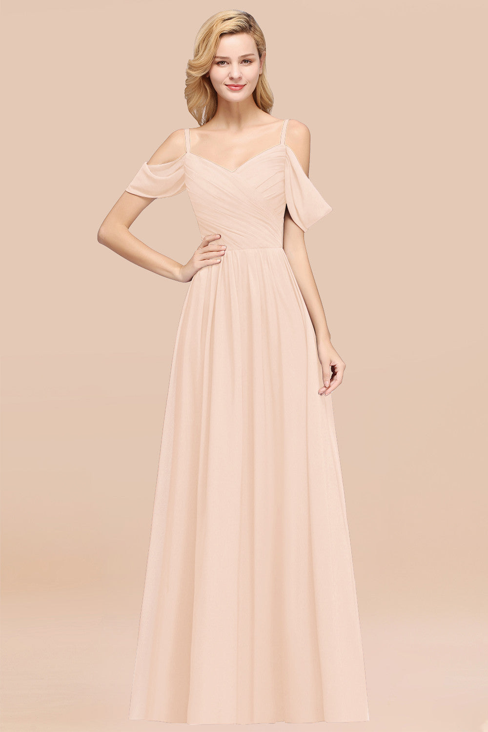 A-Line Chiffon V-Neck Spaghetti Straps Short Sleeves Floor Length Bridesmaid Dresses with Ruffles