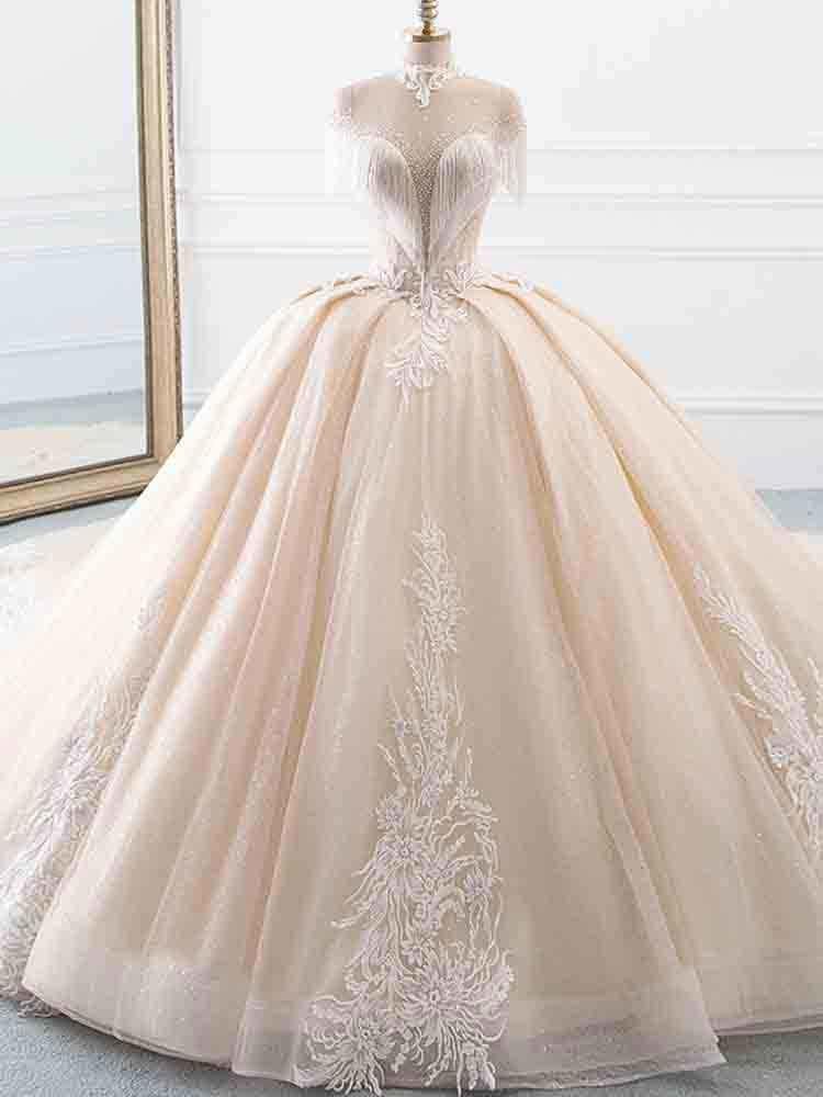 Elegant Long High Neck Tassel Sleeves Ball Gown Wedding Dresses