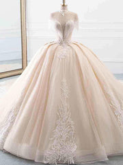 Elegant Long High Neck Tassel Sleeves Ball Gown Wedding Dresses