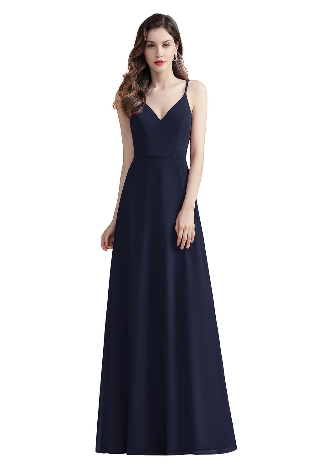 Elegant Spaghetti Straps V-Neck Chiffon Burgundy Long Bridesmaid Dress