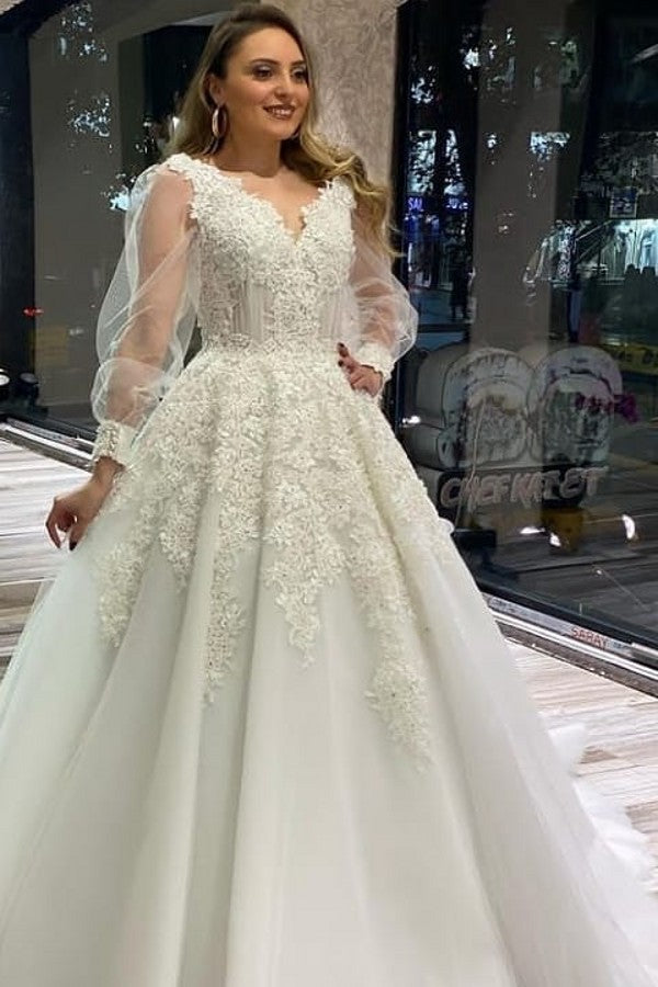 Elegant Long A-Line V-neck Appliques Lace Tulle Wedding Dress With Puffy Sleeves