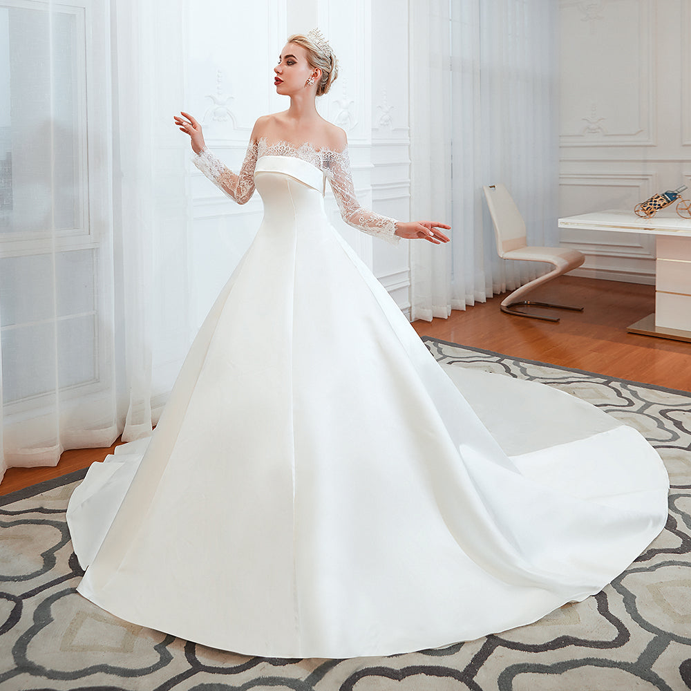 Stunning Off the Shoulder Long Sleeve A-Line Satin Church Wedding Dress