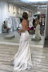 Long Spaghetti Straps Mermaid V Neck Backless Lace Wedding Dress