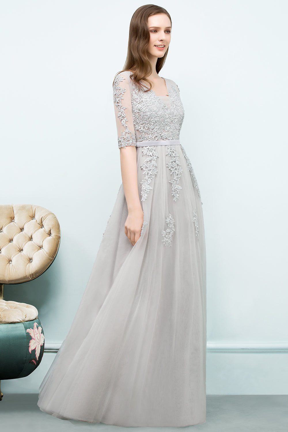 Long V-neck Tulle Lace A-line Evening Dress with Sleeves