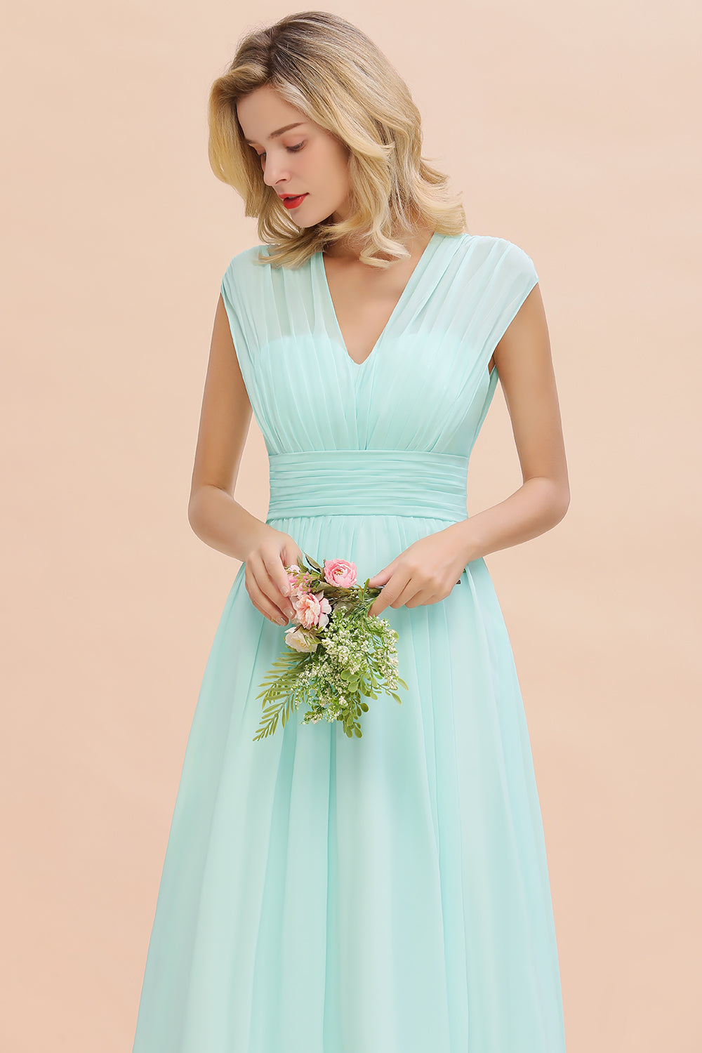 Chiffon V-Neck Sleeveless Elegant A-line Ruffles Bridesmaid Dress