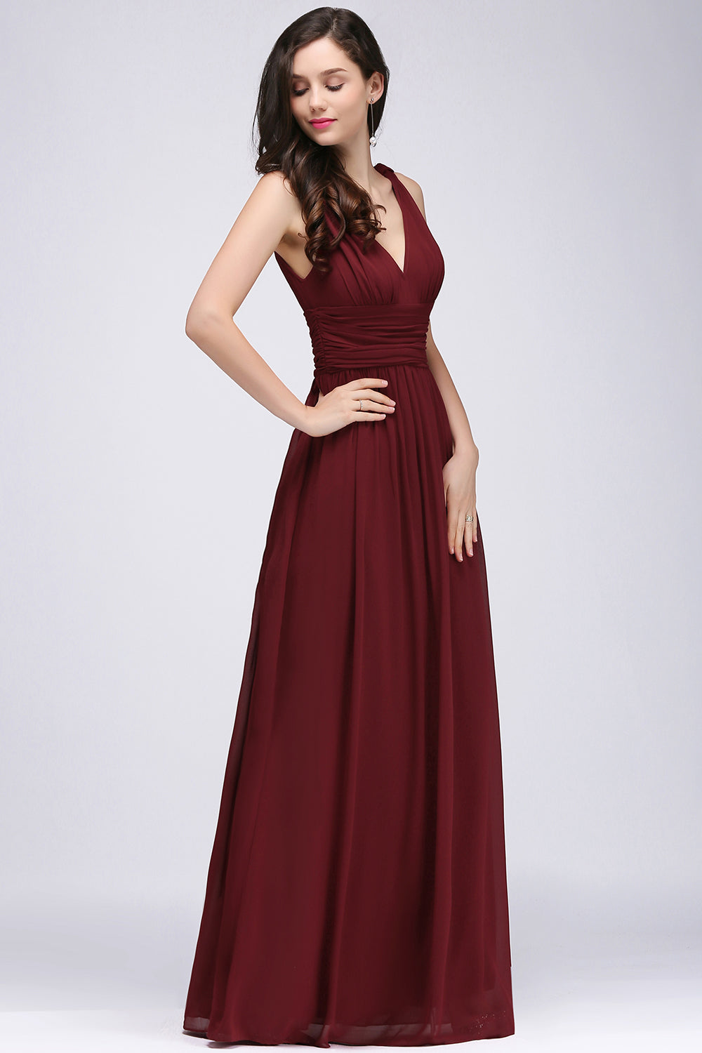 Elegant A-Line Chiffon V-Neck Sleeveless Ruffles Floor Length Bridesmaid Dresses