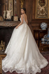 Gorgeous Long A-line Spaghetti Straps V-Neck Lace Backless Wedding Dress with Ruffles
