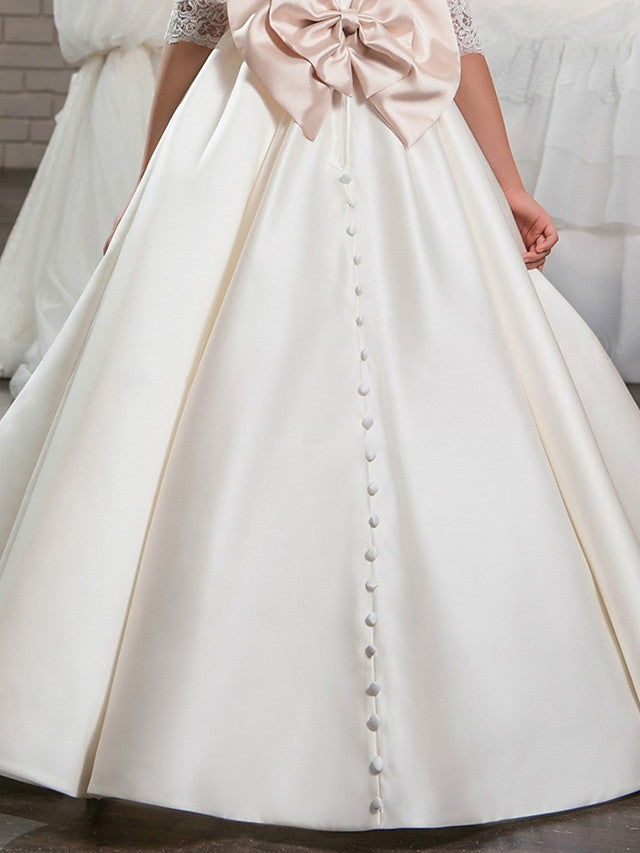 Ivory Long Ball Gown Satin Flower Girl Dresses with Half Sleeve