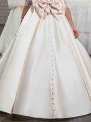 Ivory Long Ball Gown Satin Flower Girl Dresses with Half Sleeve