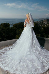 White Long A-line Sweetheart Tulle Lace Long Sleeves Wedding Dress with Train