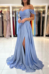 Long A-line Off The Shoulder Glitter Prom Dress with Slit