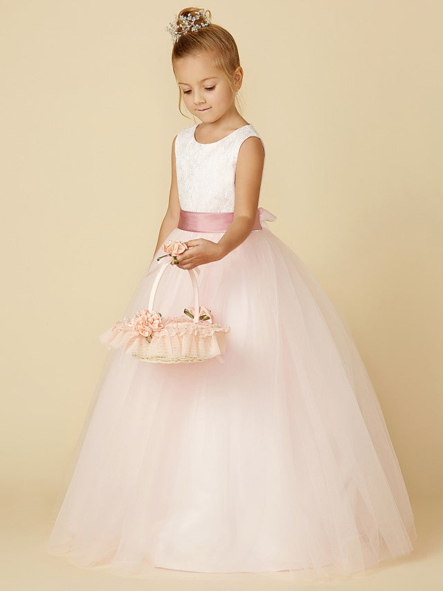 Long A-line Tulle Sleeveless Jewel Neck Flower Girl Dresses with Appliques Lace