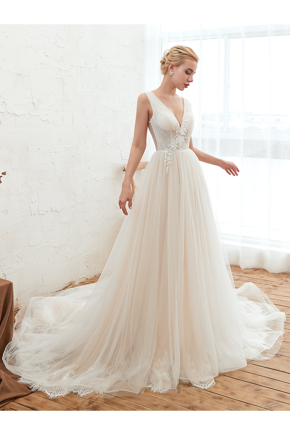 Long Wide Straps Deep V-neck A-Line Floor Length Tulle Wedding Dress