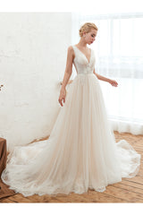 Long Wide Straps Deep V-neck A-Line Floor Length Tulle Wedding Dress