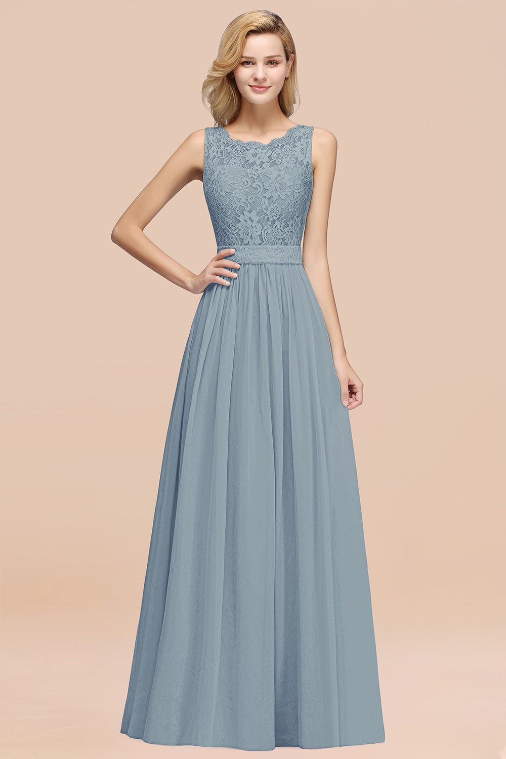 Chiffon A-Line Lace Scalloped Sleeveless Long Ruffles Bridesmaid Dress