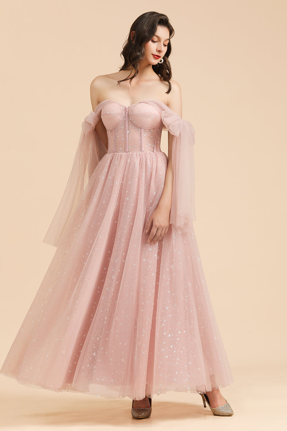 BM2007 A-line Pink Off The Shoulder Bow Tulle Floor Length Bridesmaid Dress