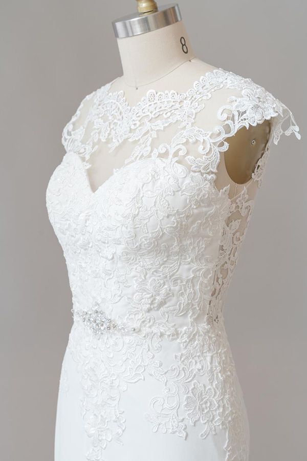Long Mermaid Lace Chiffon Wedding Dress es with Cap Sleeve