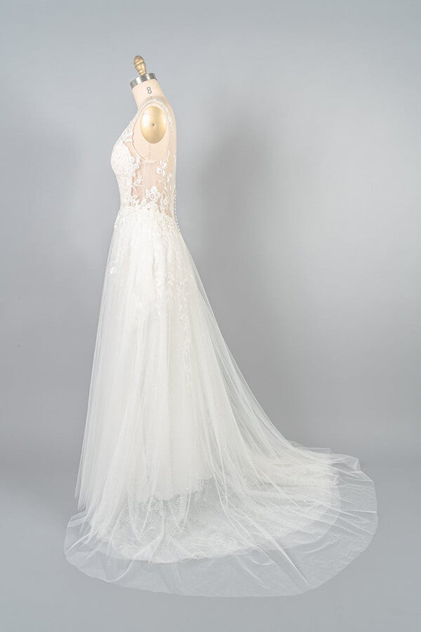 Long V-neck Appliques Tulle A-line Open Back Wedding Dress